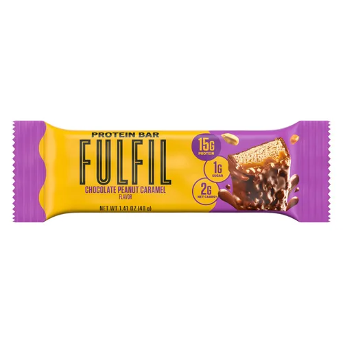 Vista 8 de Barras de snack de proteína FULFIL, sabor chocolate y caramelo con maní, sin gluten con 0.53 oz (15 g) de proteína, productos básicos de despensa