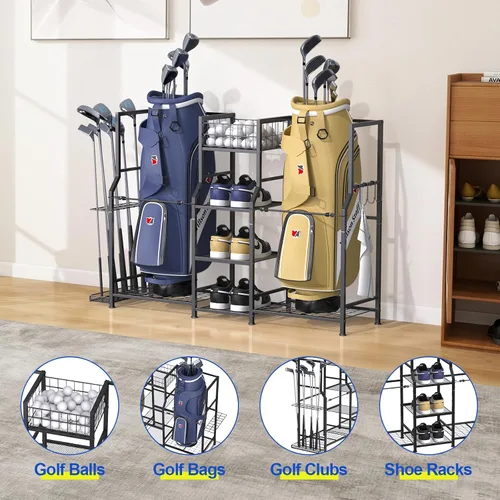 Vista 4 de samstar Organizador de garaje de almacenamiento de golf, soporte de almacenamiento para bolsas de golf, 2 bolsas de golf y accesorios para equipos
