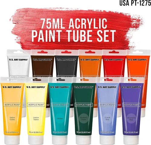 Vista 2 de U.S. Art Supply Juego de 12 tubos de pintura al óleo acrílica de 2.5 fl oz, alta opacidad, fuerte fuerza de tintado, pinturas al óleo para pintura