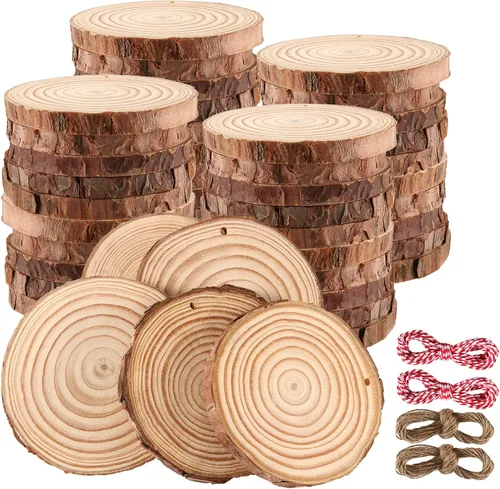 Vista 9 de JOIKIT 50 rodajas de madera natural de 3.5 a 4 pulgadas, posavasos de madera natural sin acabar, círculos de madera para artes y manualidades