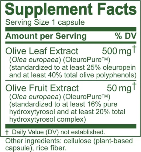 Vista 3 de Extracto real de hoja de olivo europeo super fuerte, 25% oleuropein, 0,018 oz, 90 cápsulas, más complejo hidroxitirosol. Fuerza profesional por