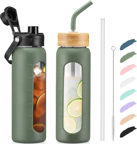 Vista 68 de Botella de agua Kodrine con pajita, botella de vidrio de 24 oz con 2 tapas, una de pajita de bambú y otra con pico y asa, botella de vidrio