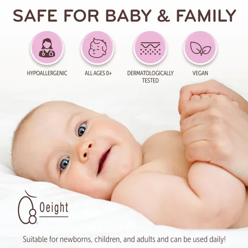 Vista 4 de Oeight Baby Lotion es una loción corporal natural para recién nacidos y bebés, ideal para pieles sensibles. Esta suave crema hidratante calma