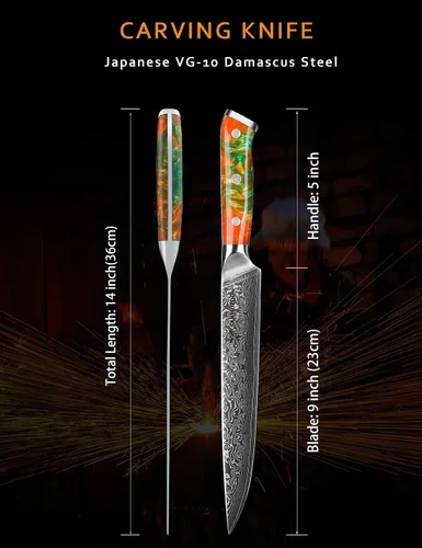 Vista 5 de Cuchillo para cortar carne de acero Damasco VG10 de 9 pulgadas, mango naranja de fantasía de resina