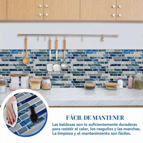 Vista 8 de 10 hojas para despegar y pegar para cocina, baño, azulejos azules de 12 x 12 pulgadas