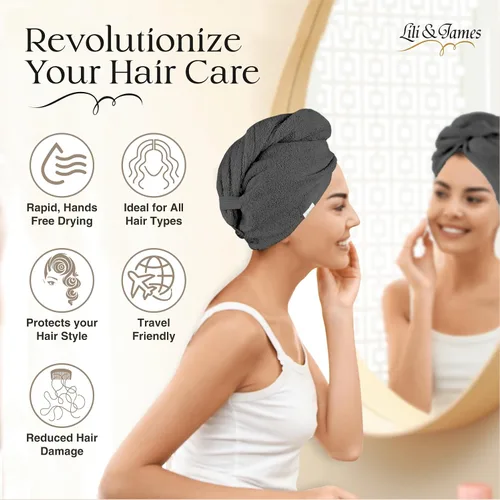 Vista 6 de Lili&James Toalla Envolvente de Algodón para el Cabello para Mujeres/Niños Secado Rápido, Suave y Absorbente 420 GSM Toallas Envolventes
