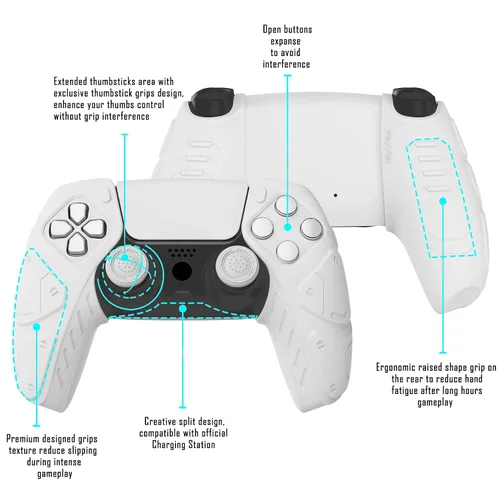 Vista 3 de PlayVital Mecha Edition White Ergonomic Soft Controller Silicone Case Grips for PS5, Rubber Protector Skins with Thumbstick Caps for PS5 Controller