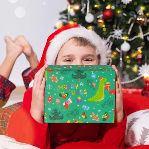 Vista 7 de NEPOG Papel de regalo de Navidad con sombreros de Papá Noel, 6 hojas plegadas planas de 20 x 28 pulgadas por hoja, papel de regalo de dinosaurio