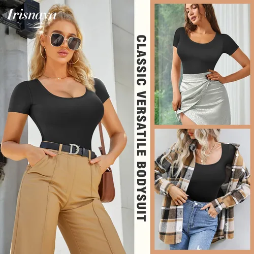 Vista 5 de Irisnaya - Leotardo para mujer con control de abdomen moldeador tanga cuello redondo y manga corta