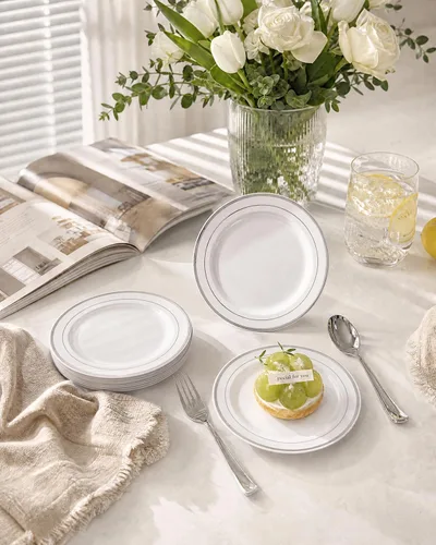Vista 6 de bUCLA 100 platos de plástico con borde plateado, platos desechables de 7.5 pulgadas, ideales para bodas, fiestas y Navidad