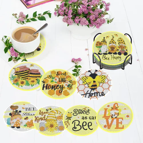 Vista 2 de TDOOW Posavasos de arte de diamante, 8 piezas de posavasos de pintura de diamante, kit de arte de diamantes de abeja para adultos, regalo