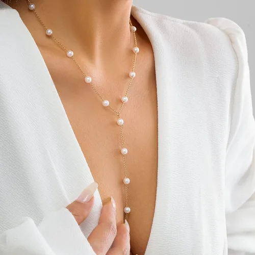 Vista 6 de Delicado collar de perlas para mujer, collar de oro y perlas, collar largo bohemio de perlas sintéticas para playa, joyería de perlas para mujer