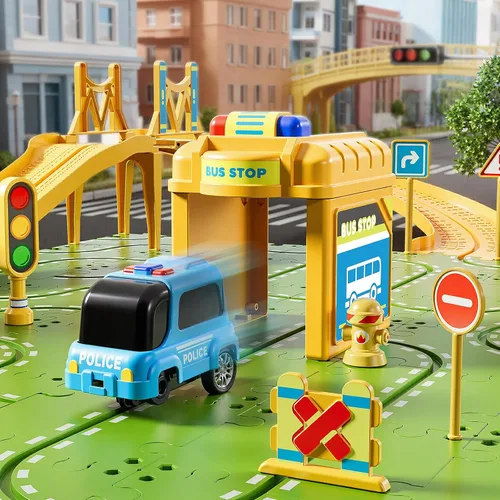 Vista 3 de Juego de pista de carreras de rompecabezas grande de 2 niveles para niños de 3 a 5 años, juego de pistas de rompecabezas, juguetes de pistas