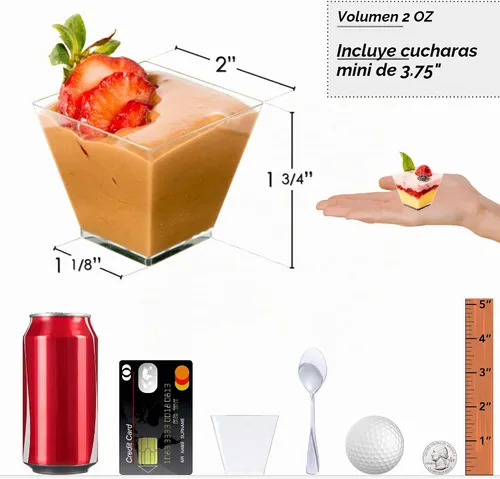 Vista 4 de DLux 100 x 2oz Tazas Cuadradas Mini de Postre con Cucharas y Tapas, Taza de Plástico Transparente para Aperitivos Parfait - Pequeño Cuenco