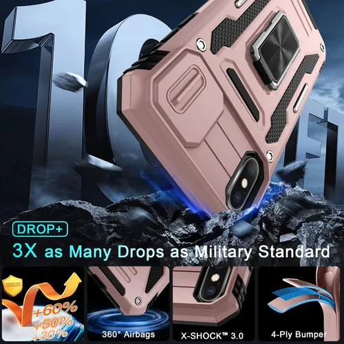 Vista 242 de DEERLAMN Funda para iPhone Xs Max con funda deslizante para cámara + protector de pantalla, soporte giratorio de anillo de grado militar a prueba