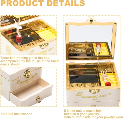 Vista 6 de Joyero musical con caja de música de bailarina giratoria clásica collar anillo organizador de almacenamiento con espejo para mujeres y niñas regalos