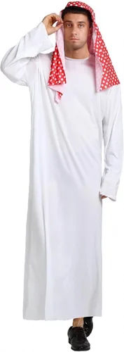 Vista 3 de Disfraz de jeque árabe árabe para hombre, de manga larga, túnica de Oriente Medio con bufanda para la cabeza, conjunto para Halloween Estampado