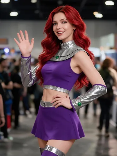 Vista 6 de Disfraz de Starfire para mujer, disfraz de Halloween para niñas, traje de superhéroe Koriandr, vestido superior, guantes, accesorios Morado