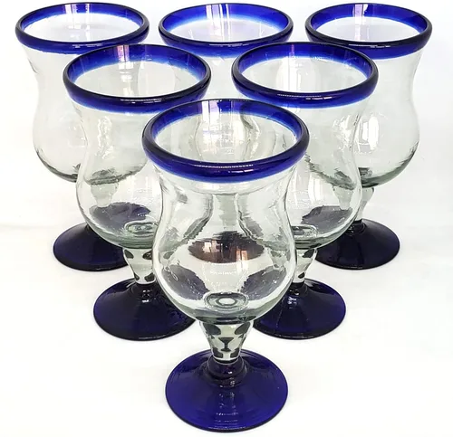 Vista 6 de Copas de agua con borde azul cobalto de 11 onzas (juego de 6), vidrio reciclado, sin plomo, sin toxinas (copa curvada de 11 onzas)
