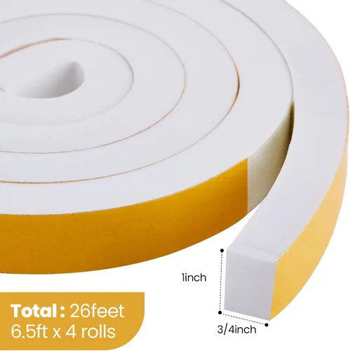 Vista 2 de 4 rollos en total de 26 pies, burlete blanco de 1 pulgada de ancho x 3/4 pulgadas de grosor, cinta de espuma autoadhesiva de alta densidad