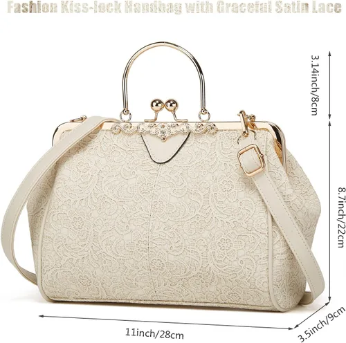 Vista 2 de Bolso retro para mujer, bolso de hombro con cierre de beso, de piel sintética, con encaje