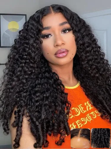 Vista 43 de KLAIYI Bye Bye Slip™ Ombre Chestnut Brown Bob Curly Glueless Precut 7x5 Lace Front Wigs Human Hair Side Part Drawstring Pre Plucked Bleached Knots