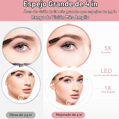 Vista 2 de Espejo compacto con iluminación LED, espejo de maquillaje de viaje de aumento 1X/5X de 4 pulgadas, espejo compacto portátil recargable con luz