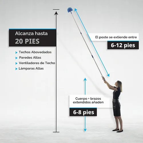 Vista 3 de Varilla de extensión y plumero para telarañas, se extiende de 18 a 20 pies. Limpieza de techos altos, techos de catedral, ventiladores de techo