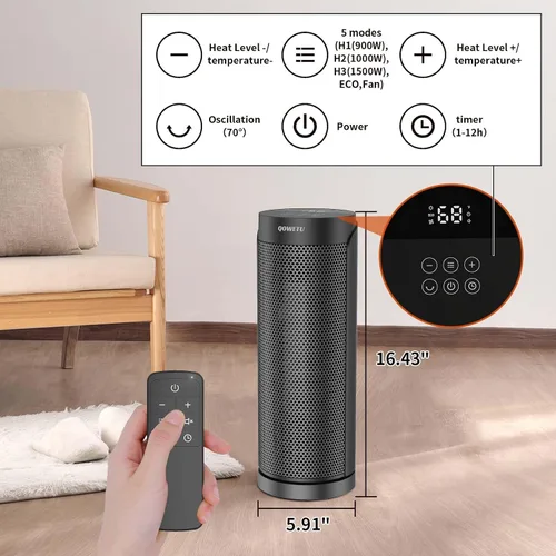 Vista 2 de QOWETU - Calentador de espacio portátil para uso en interiores con control remoto, calentador eléctrico oscilante de 70°, 17 pulgadas, temporizador
