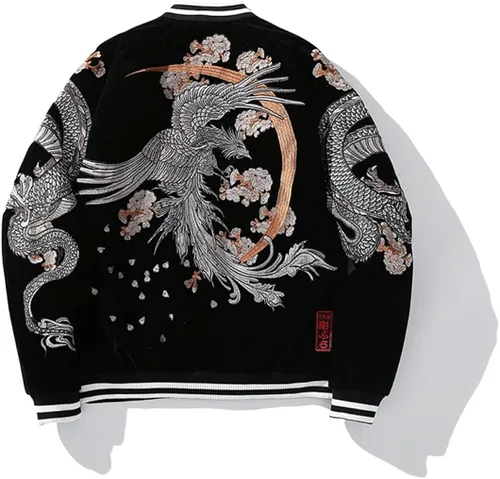 Vista 6 de Chaqueta de béisbol para hombre con bordado de dragón Hip Hop