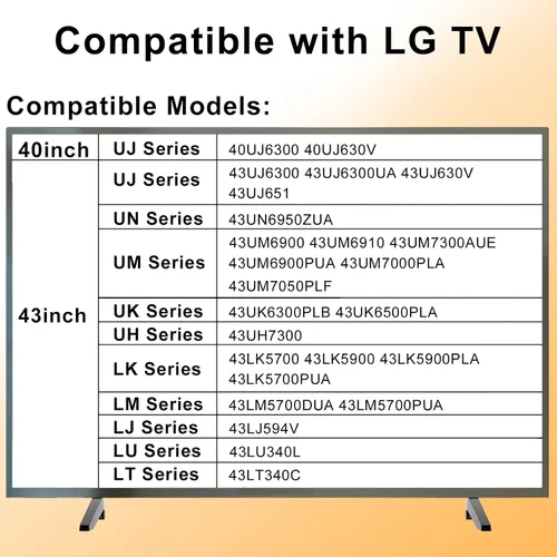 Vista 2 de Patas de repuesto para TV LG, patas de soporte de TV para 40 43 pulgadas LG TV patas 40UJ6300 43UJ6300 43UJ630V 43UN6950ZUA 43UM6900 43UK6300