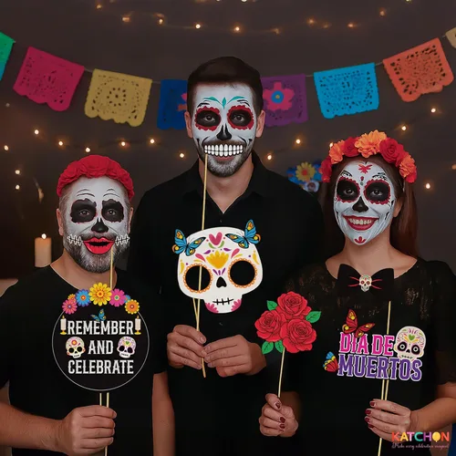 Vista 6 de KatchOn, Juego de accesorios de Halloween, paquete de 35 Accesorio de cabina de fotos del Día de los Muertos para decoraciones de fiesta mexicana