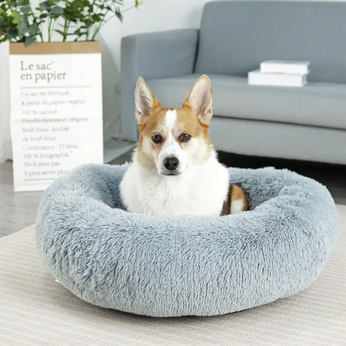 Vista 6 de Cama redonda antiansiedad de felpa sintética esponjosa cálida y lavable para perros y gatos, cama original para mascotas pequeñas, medianas
