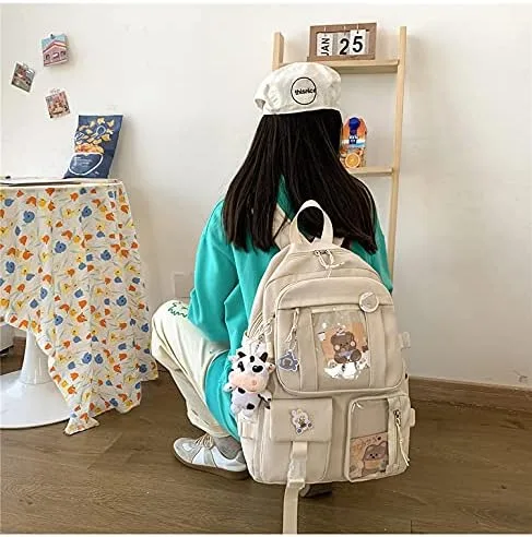 Vista 6 de Linda mochila con bonito oso de peluche accesorios de gran capacidad bolsas escolares estéticas para niñas y adolescentes beige a talla única Lindo
