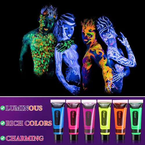 Vista 2 de 12 piezas de pintura corporal que brilla en la oscuridad, juego de maquillaje de luz negra fluorescente neón, juego de pintura facial