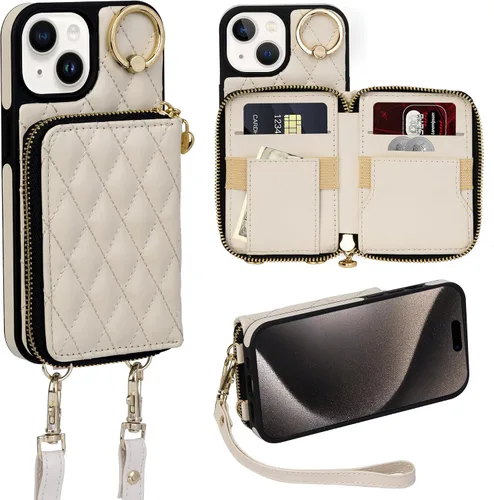 Vista 43 de Funda para iPhone 12 Pro/iPhone 12 de 6.1 pulgadas, cartera cruzada con cremallera para mujer, tarjetero con bloqueo RFID, funda de cuero con Negro