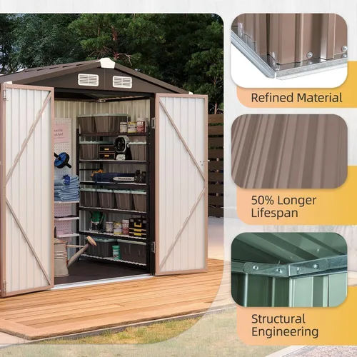 Vista 5 de Aoxun Cobertizo de 6 x 4 pies con piso de acero galvanizado resistente al aire libre con puertas dobles, diseño ventilado resistente a la intemperie