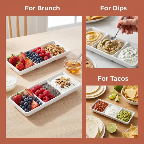 Vista 5 de DOITOOL 2 platos de cerámica para servir, 3 compartimentos, bandejas para servir aperitivos, platos de salsa divididos rectangulares blancos