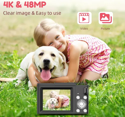Vista 2 de Cámara digital, cámara digital FHD para apuntar y disparar con zoom de 16X, antivibraciones, cámara pequeña compacta de 48 MP con tarjeta de 32 GB