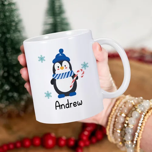 Vista 5 de Taza de Navidad personalizada con nombre para niños, taza de chocolate caliente, taza de Navidad de pingüino, taza de té de cerámica de 11 onzas