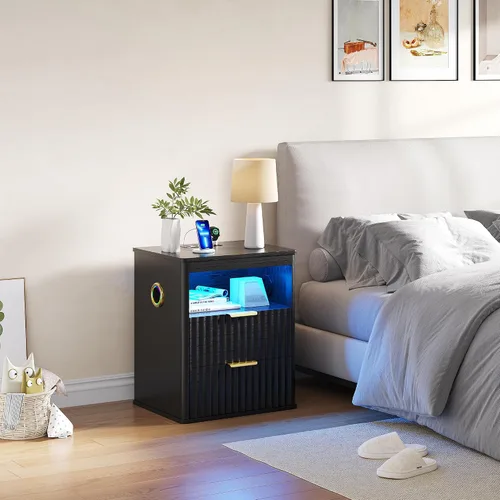 Vista 11 de Gurexl Mesita de noche inteligente con altavoz Bluetooth, moderna mesita de noche con luces LED RGB y estación de carga inalámbrica, soporte