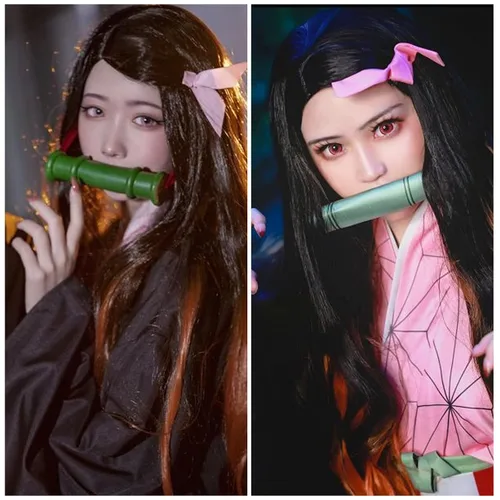 Vista 5 de Kamado Nezuko - Peluca de cosplay de Demon Slayer, fiesta de Halloween, anime Kimetsu sin personaje Yaiba, pelucas onduladas negras y naranjas