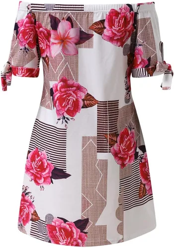 Vista 4 de Ruziyoog Vestido de verano sexy con hombros descubiertos para mujer, vestido de manga corta con estampado floral y tirantes, ajuste holgado, vestido