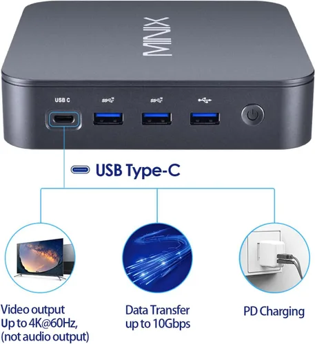 Vista 3 de MINIX Mini computadora NEO J51-C8, 8GB/256GB PCIe NVMe SSD Mini PC de aluminio [Wi-Fi6/Dual 2.5GB LAN/USB-C (datos/pantalla/12V DC)/pantalla