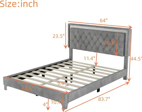 Vista 2 de Linique Base de cama tapizada tamaño Queen con luces LED, cama moderna de plataforma de terciopelo de madera con cabecera capitonada con botones