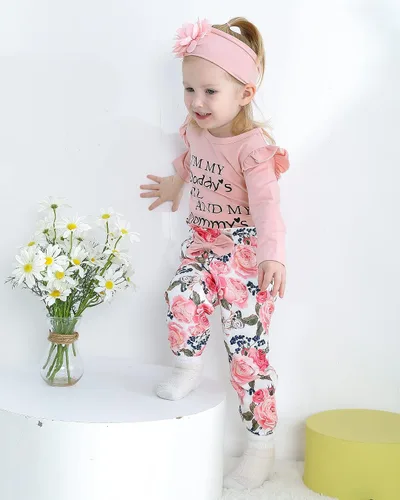 Vista 3 de Ropa para bebé recién nacida, con volantes, mameluco de algodón floral, conjunto de pantalones de algodón para niñas