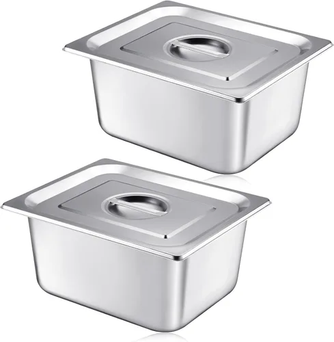 Vista 10 de Mifoci Paquete de 2 sartenes de vapor de acero inoxidable con tapa, 1/2 de tamaño x 4 pulgadas de profundidad, suministros de restaurante
