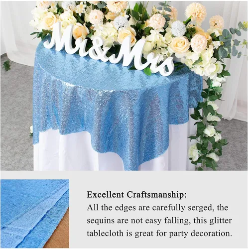 Vista 4 de AMZLOKAE Mantel de Lentejuelas Cuadrado 50x50 Azul Bebé Cubierta de Mesa con Purpurina Manteles para Fiestas Mantel Sin Costuras Azul Claro