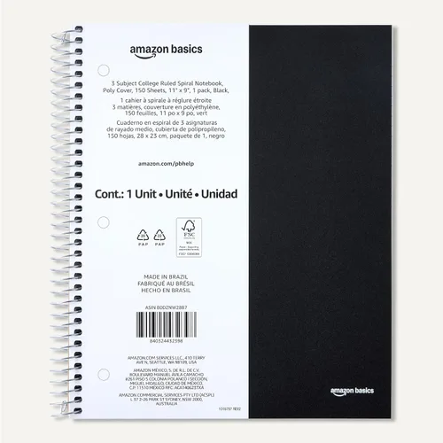 Vista 5 de Amazon Basics Cuaderno en espiral con líneas universitarias, 3 materias, 150 hojas, 8.5 x 11 pulgadas, Negro