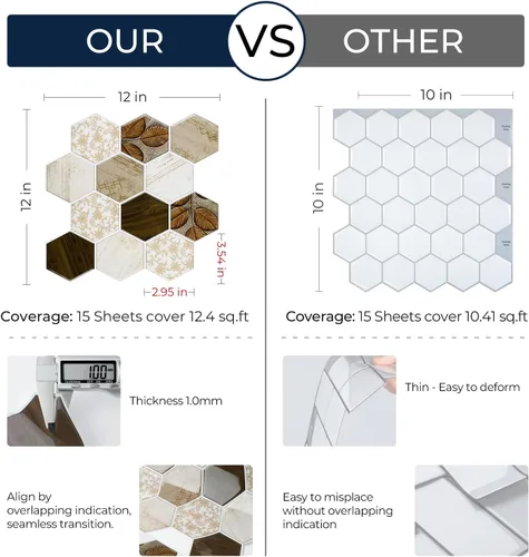 Vista 5 de FunStick 15 hojas de azulejos hexagonales para cocina, baño, azulejos de pared de 12 x 12 pulgadas, de madera bohemia, aptos para inquilinos